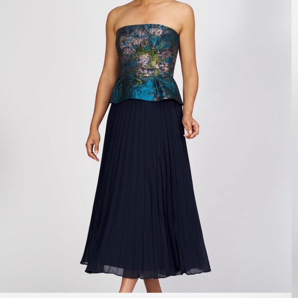 Strapless Teal Floral Peplum Top with Navy Pleated Midi Skirt